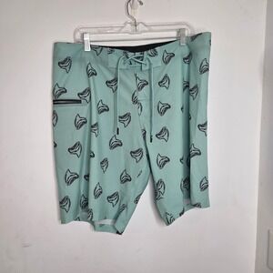 Flomotion Mens Shark Tooth Print Board Shorts Mint Green Swim Trunks‎ Size 36